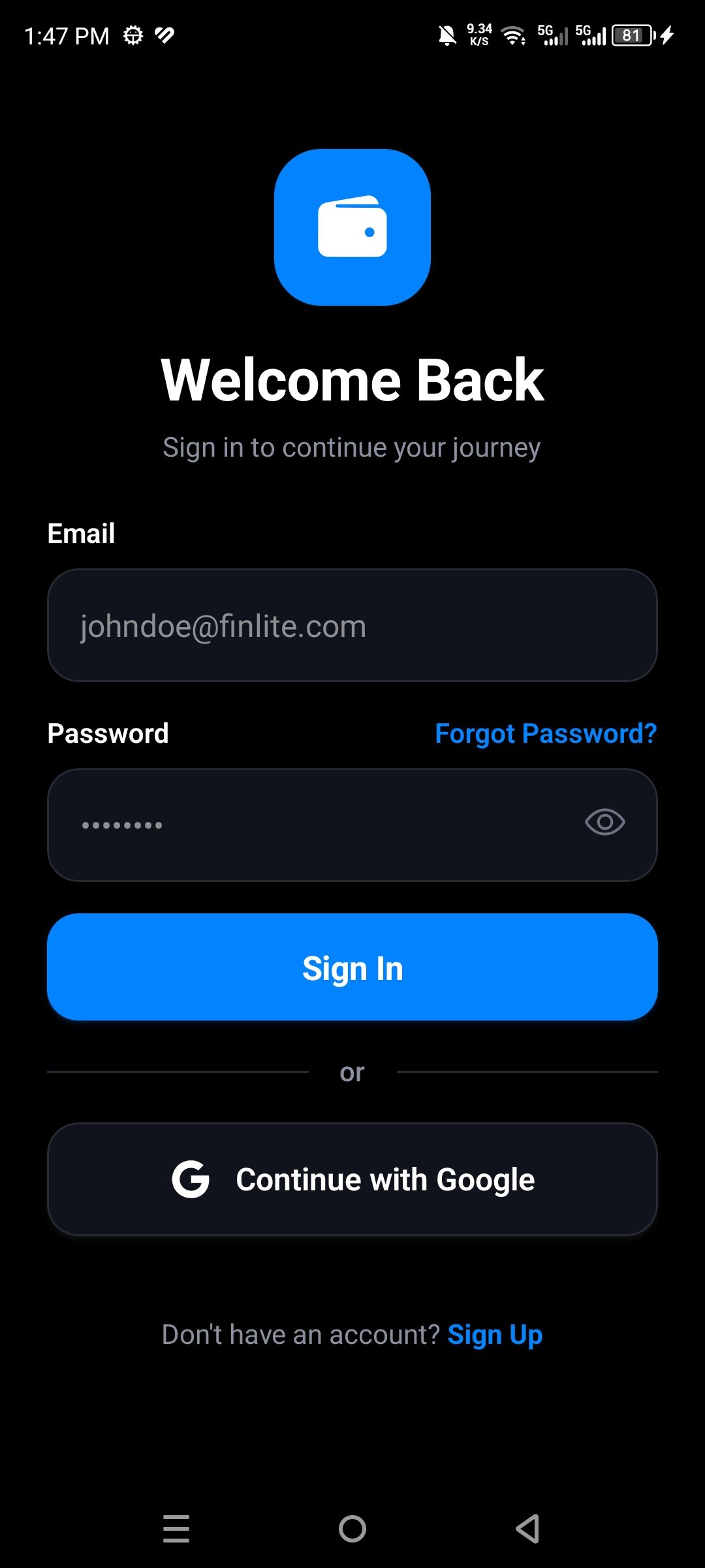 FinLite Login Screen