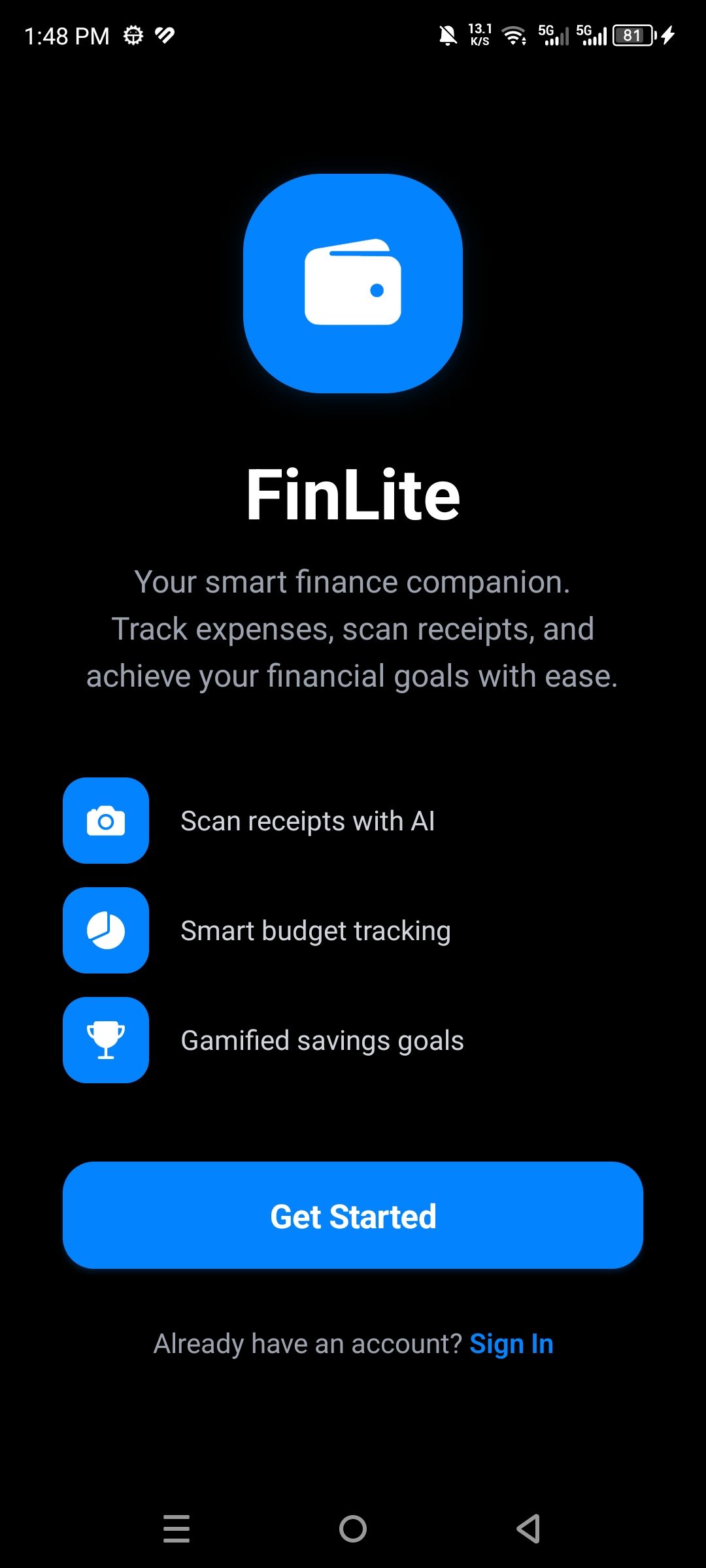 FinLite Welcome Screen
